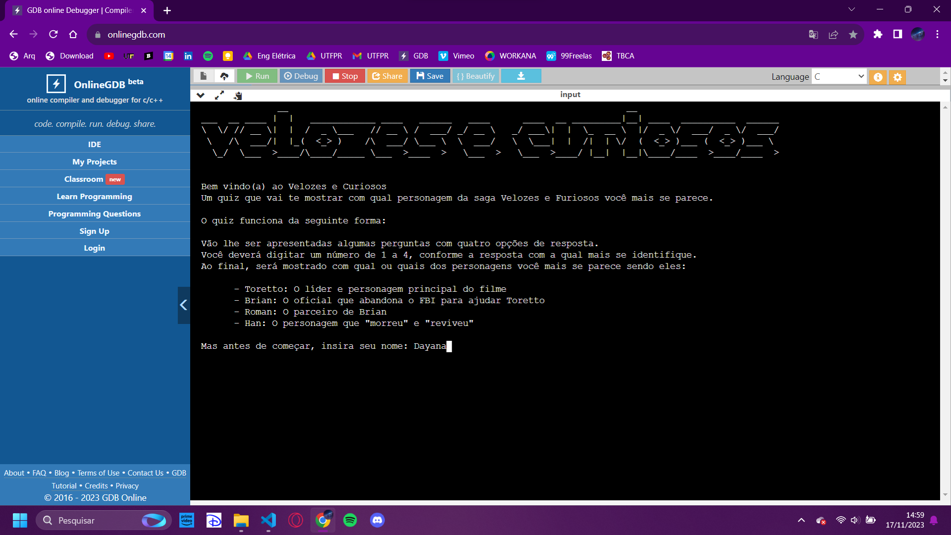 Tela inicial do quiz no Online GDB